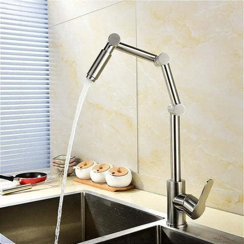 ZBSAVFM Lead-Free 304 Stainless Steel Articulating Kitchen Faucet - Hot & Cold 360° Rotating Double Fold with water flowing.