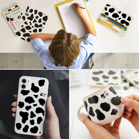 Cow Print Stickers Set 600 Pcs Self Adhesive Wall Decals Waterproof Vinyl For Bathrooms, shown on phone and cup.