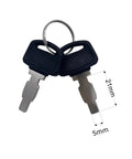 Close-up of two black generator keys with dimensions for Honda GX Series engines, part of Generator Key Replacement And Ignition Switch product.