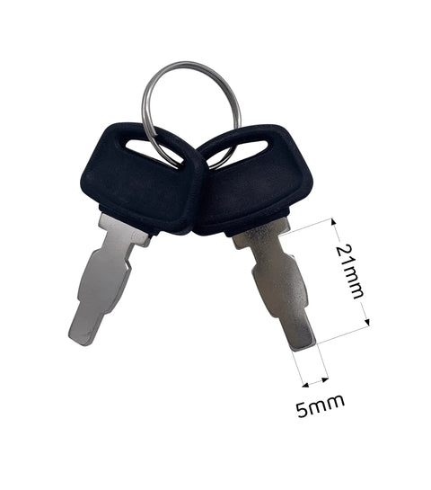 Close-up of two black generator keys with dimensions for Honda GX Series engines, part of Generator Key Replacement And Ignition Switch product.