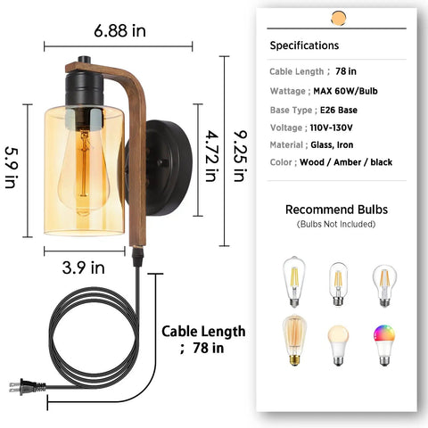 Amber Glass Plug In Wall Sconces Set Of 2 With Touch Dimmer Switch Dimmable Farmhouse Lighting dimensions and specifications.
