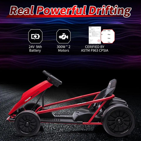 Turbocharged Dual 300W Motors 24V Go Kart For Kids 8 To 12 With 9Ah Battery includes music horn and safety belt