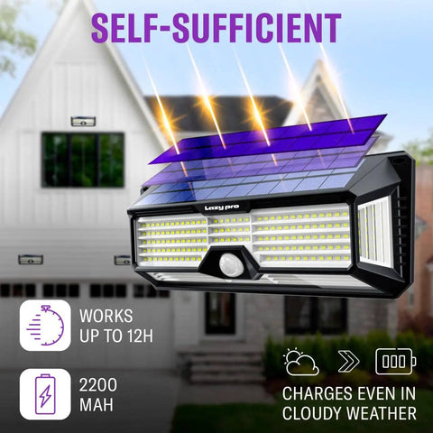 Crazy Bright Solar Motion Sensor Lights Outdoor With 298 LEDs Producing 2500 Lumens For Walls Posts Pathways And Gardens Up To 1600 Sq Ft Battery Powered 4400 mAh Two Pack showcasing charging and lighting features.
