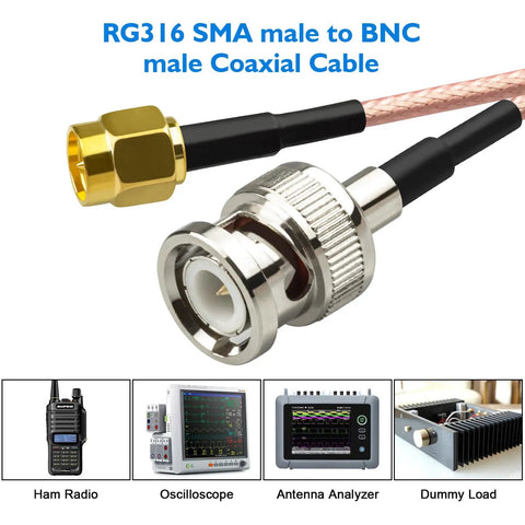 BNC Male To SMA Male Coax Cable Adapter Kit 3.28ft RG316 Low Loss 50 Ohm 1 Meter Copper Gold Plated SMA Nickel BNC Two Pack