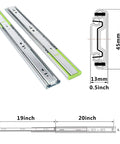 Soft Close Drawer Slides 20 Inch 5 Pairs 3-Section Full Extension Ball Bearing Side Mount Cabinet Drawer Slides 110 LB Capacity Zinc Plated Steel Heavy Duty Quiet Close Hardware, showing product dimensions and design details.