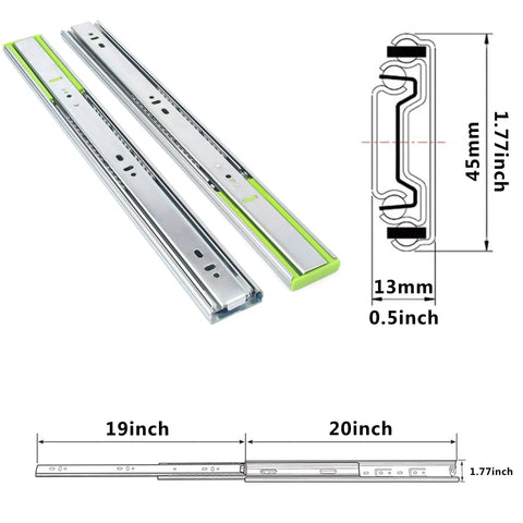 Soft Close Drawer Slides 20 Inch 5 Pairs 3-Section Full Extension Ball Bearing Side Mount Cabinet Drawer Slides 110 LB Capacity Zinc Plated Steel Heavy Duty Quiet Close Hardware, showing product dimensions and design details.