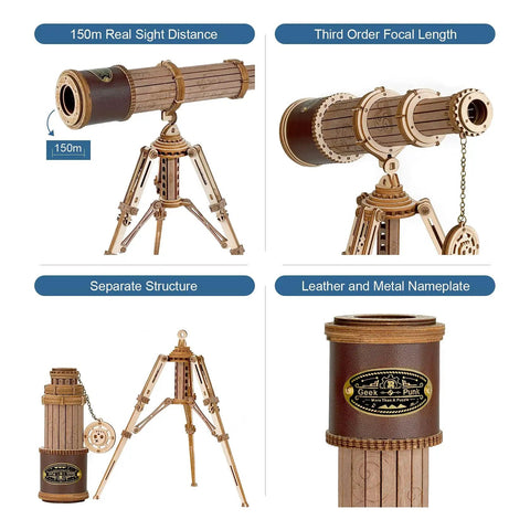 3D Wooden Puzzle Model Building Kit For Adults DIY wood monocular telescope on tripod, 150m view, leather nameplate
