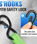 Black safety lock 'S' hooks attached to heavy duty ratchet strap for secure loading, feature close-up on locking mechanism.