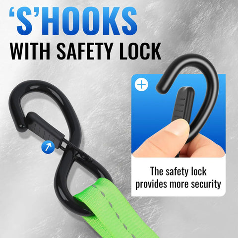 Black safety lock 'S' hooks attached to heavy duty ratchet strap for secure loading, feature close-up on locking mechanism.