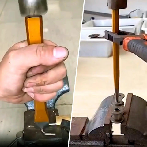 12 Piece Punch And Chisel Set Beefy Heavy Duty Heat Treated Metal Punches in use, demonstrating mechanisms with hammer