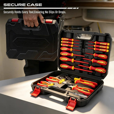 All In One Insulated Electrician Tool Set Pro Grade Workhorse For Electricians 1000V VDE Certified Screwdrivers Voltage Tester open case