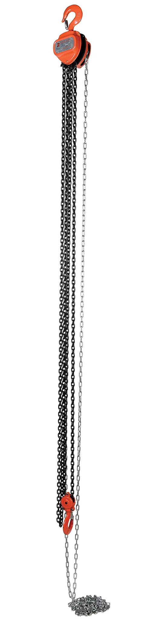 Heavy Duty Manual Chain Hoist For Industrial Use 15 Ft Lift 4000 Lb Capacity Grade 80 Chain Stamped Steel Housing Orange Finish