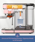 Side view of PID controlled Professional Espresso Machine With 20 Bar Pump And Milk Frother Steam Wand in pink.