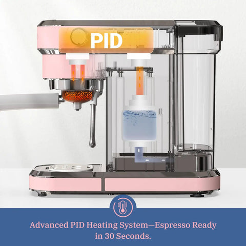 Side view of PID controlled Professional Espresso Machine With 20 Bar Pump And Milk Frother Steam Wand in pink.