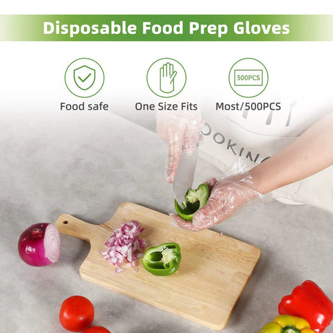 Person wearing 500 Pack Clear Disposable Gloves for Cleaning and Food Prep, slicing green pepper on cutting board.