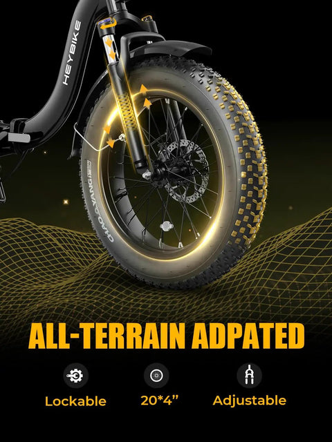 Front wheel of Ranger Two Point Zero Fat Tire Electric Bike For Adults With 1400W Peak Power, highlighting 20x4 inch tire.