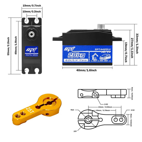Beefy 20kg Low Profile High Torque Metal Gear Digital Servo With 25T Arm For 1 8 Scale 1 10 Scale 1 12 Scale RC Cars And Robots Set Of Two Smooth Quick Response Durable Metal Gear For DIY Model Builds, 40mm servo with 25T arm dimensions