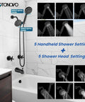 Upgrade Your Bathroom With This Gotonovo 2 Handle Tub Shower Faucet Set Featuring Dual Head System And Polished Chrome Finish For A Sleek Modern Look That Will Totally Freshen Up Your Daily Routine. Black wall-mounted tub shower faucet set with handheld and overhead spray modes