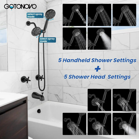 Upgrade Your Bathroom With This Gotonovo 2 Handle Tub Shower Faucet Set Featuring Dual Head System And Polished Chrome Finish For A Sleek Modern Look That Will Totally Freshen Up Your Daily Routine. Black wall-mounted tub shower faucet set with handheld and overhead spray modes