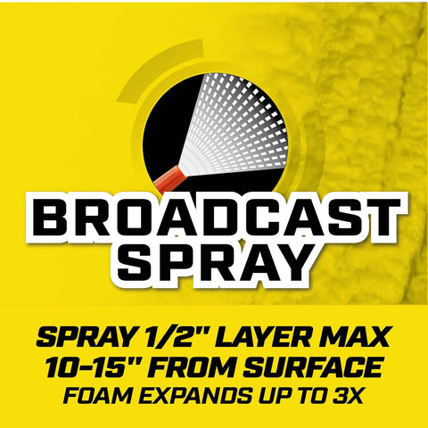 Broadcast spray foam insulation application guidelines showing layer thickness and expansion details.