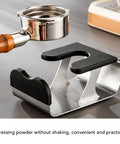 Heavy Duty Built Tough Stainless Steel Portafilter Stand And Espresso Tamper Station For Bottomless Basket Home Barista Workflow with portafilter.
