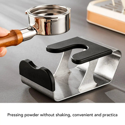 Heavy Duty Built Tough Stainless Steel Portafilter Stand And Espresso Tamper Station For Bottomless Basket Home Barista Workflow with portafilter.
