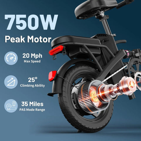 Rear view of a Foldable Electric Bike For Adults And Teens With 750W Peak Motor, showcasing wheel and safety features.