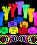 100 Piece Bulk Glow Stick Party Stack Featuring 8 Inch Neon Light Up Necklaces and armbands in various colors for events.