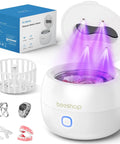Heavy Duty 45Khz Ultrasonic Cleaning Pod For Jewelry Eyeglasses And Watches Kickin Real Grit To The Curb With Sonic Bubbling Tech For Straight Up Spotless Dentures And Retainers In Clean White with purple UV light.