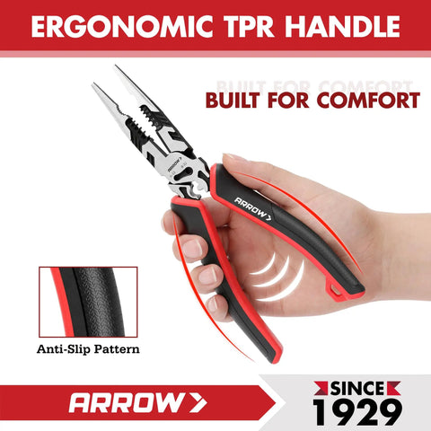 Six In One Needle Nose Pliers With Wire Stripper Crimper And Cutter Do It All Eight Inch Multi Tool in hand showing ergonomic handle