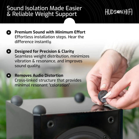 Pro Grade Vibration Isolation Feet For Studio Speakers And Stereo Gear Featuring Ultra Soft Platinum Silicone hemispheres on speaker cabinet.