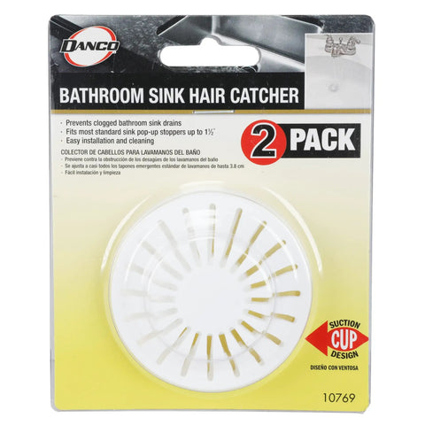 White Two Pack Bathroom Sink Hair Catcher With Heavy Duty Suction Cup For Pop Up Drains And One Inch Stopper in packaging
