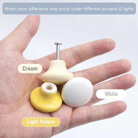 Light Yellow Ceramic Cabinet Knobs 4 Pack Round Drawer Pulls With Trimmed M4 Screws, displayed in hand, featuring yellow, cream, and white colors.