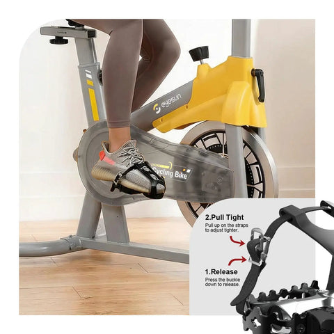 Durable Bike Pedals With Toe Cages And Straps for Road Peloton Mountain and MTB bikes in use on a stationary cycling bike