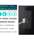 4 Pack USB Wall Outlet With 4.8A Dual USB Ports, 15A Tamper Resistant Duplex Receptacle, Fast Charging Power For iPhone iPad Kindle And More, UL Listed White shown in packaging with features listed.