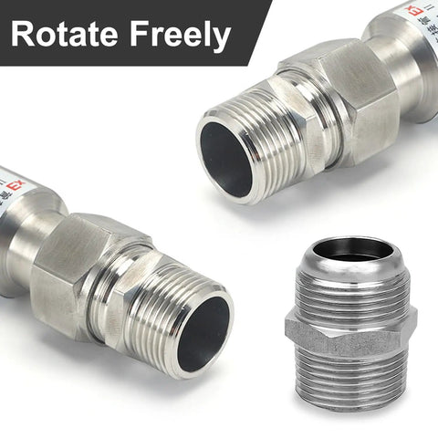 Close-up of Beefy Heavy Duty Industrial Grade Compressor Jumper Hose Three Quarters Inch NPT Male By Twenty Inch Length With Rotating Ends