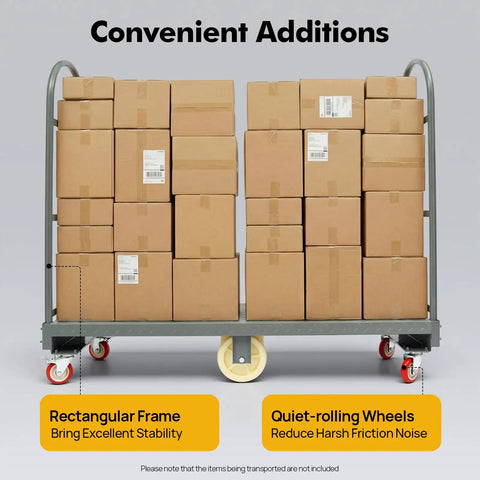 Beefy Heavy Duty 2000 Lb U Boat Cart Platform Truck Dolly For Warehouse Moving And Material Handling, Steel Frame With A 2mm Thick Platform, Durable Utility Cart For Boxes Equipment And Supplies. U-boat cart loaded with boxes, rectangular frame and quiet-rolling wheels