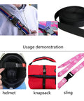 Collage showing Heavy Duty Quick Side Release Buckle For Backpack Straps Built Tough Adjustable Plastic Clip Fasteners in use on straps, helmet, and bag.
