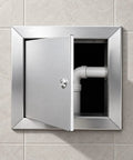 Tough As Nails Stainless Steel Drywall Access Door 28 X 28 Inch Wall Cutout Ceiling Service Panel open, showing plumbing access.