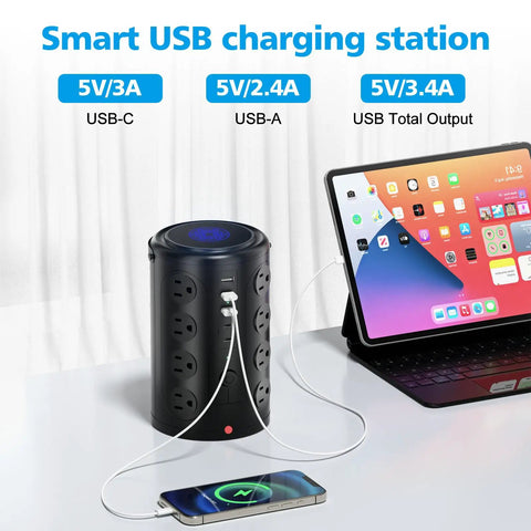 A Dead Simple Heavy Duty 6Ft Power Strip Tower Surge Protector With 16 Broad Spaced Ac Sockets And Five Quick Usb C Charging Ports For Dodging Cable Chaos In Your Home Office Today on a desk with devices connected.