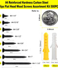 Wood Screws Assortment Kit 500 Piece Set With Short Cabinet Screws Phillips Flat Head Self Tapping Black Carbon Steel Rust Resistant Pro Grade Hardware For Home Improvement And DIY Projects Includes 50 M6 Anchors