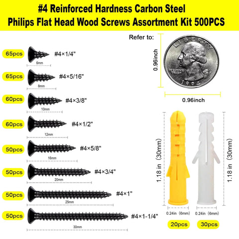 Wood Screws Assortment Kit 500 Piece Set With Short Cabinet Screws Phillips Flat Head Self Tapping Black Carbon Steel Rust Resistant Pro Grade Hardware For Home Improvement And DIY Projects Includes 50 M6 Anchors
