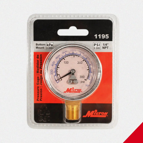 Rugged Brass High Pressure Gauge 0 to 300 Psi With One Quarter Inch NPT Connection for Home Garage Shop Use in packaging