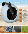 Close-up of 9x4 PU wheel on sand showing all-terrain performance for All Terrain Beach Wagon No Assembly Needed With 9x4 PU Wheels 200L Capacity 330lb Heavy Duty Collapsible Utility Cart With Extended Tailgate For Beach Camping And Outdoor Adventures.