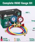 Complete HVAC manifold gauge set with brass body, explosion-proof lens, 3ft hoses, R410A adapters, heavy-duty brass valve, box packaging.