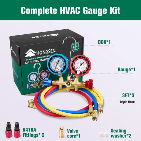 Complete HVAC manifold gauge set with brass body, explosion-proof lens, 3ft hoses, R410A adapters, heavy-duty brass valve, box packaging.