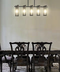 5 Light Rustic Farmhouse Pine Wood Hanging Kitchen Island Chandelier With Black Metal Frame above dining table