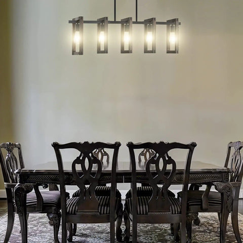 5 Light Rustic Farmhouse Pine Wood Hanging Kitchen Island Chandelier With Black Metal Frame above dining table