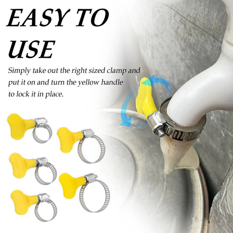 Stainless Steel Hose Clamps Kit 8-29mm Adjustable Thumb Screw Pipe Clamps with yellow handle on hose fitting