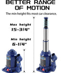 Double Ram Bottle Jack Hydraulic Welded 6 Ton Truck Jack With Three Stage Lift And Extension Screw Top at min and max height